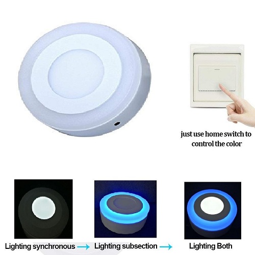 3+3 Watt Double Color Round Surface LED Panel Light Side 3D Effect Light (White & Blue)